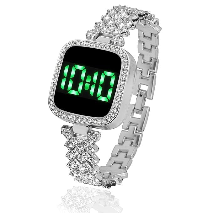 Watch for Girls Diamond Touch Screen LED Watch for Ladies Stylish Fashion Watch For Girls in Silver Stone Square Dial Shape For Gift Black