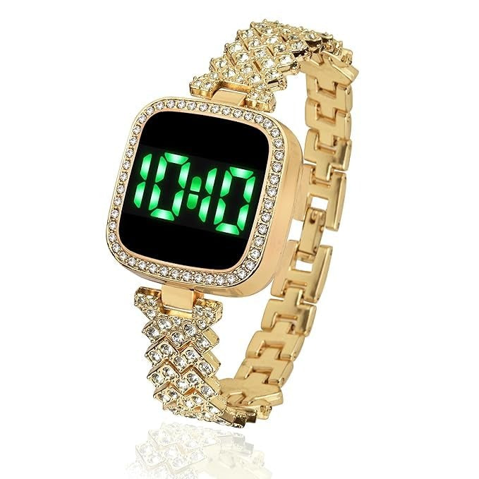 Watch for Girls Diamond Touch Screen LED Watch for Ladies Stylish Fashion Watch For Girls in Silver Stone Square Dial Shape For Gift Black