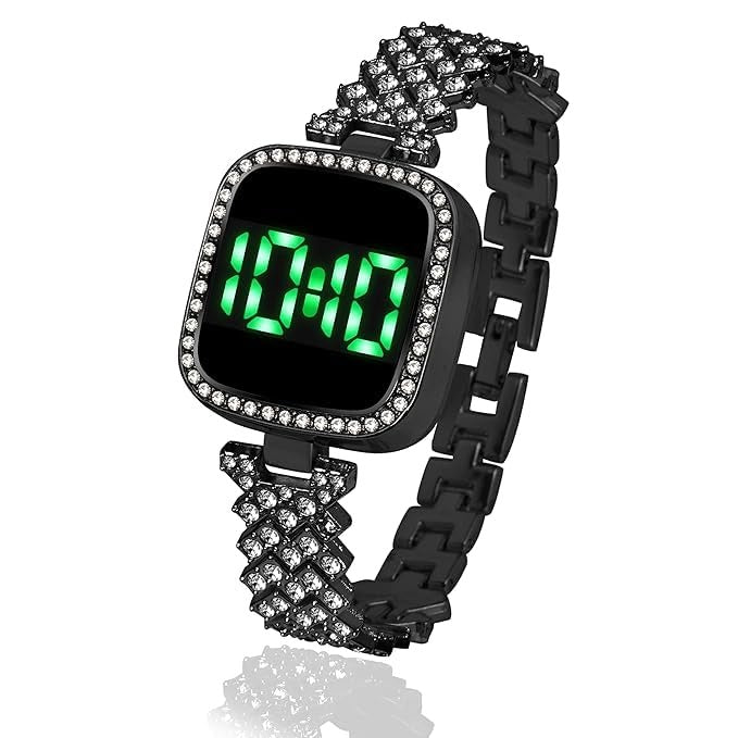 Watch for Girls Diamond Touch Screen LED Watch for Ladies Stylish Fashion Watch For Girls in Silver Stone Square Dial Shape For Gift Black