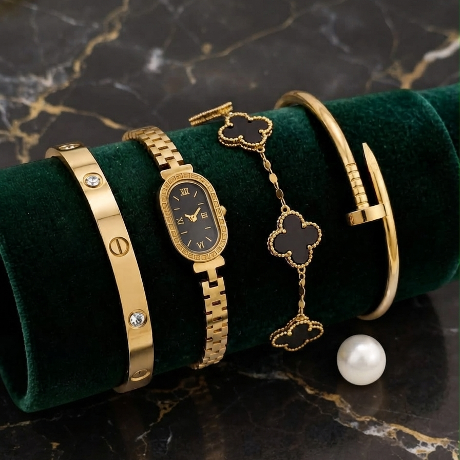 Stainless Steel 4 Piece Bracelet, Watch And Bangle Combo - Jewelry Product Designed For Styling And Daily Outfit Routine