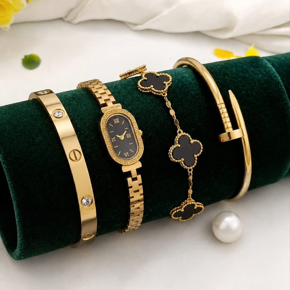 Stainless Steel 4 Piece Bracelet, Watch And Bangle Combo - Jewelry Product Designed For Styling And Daily Outfit Routine