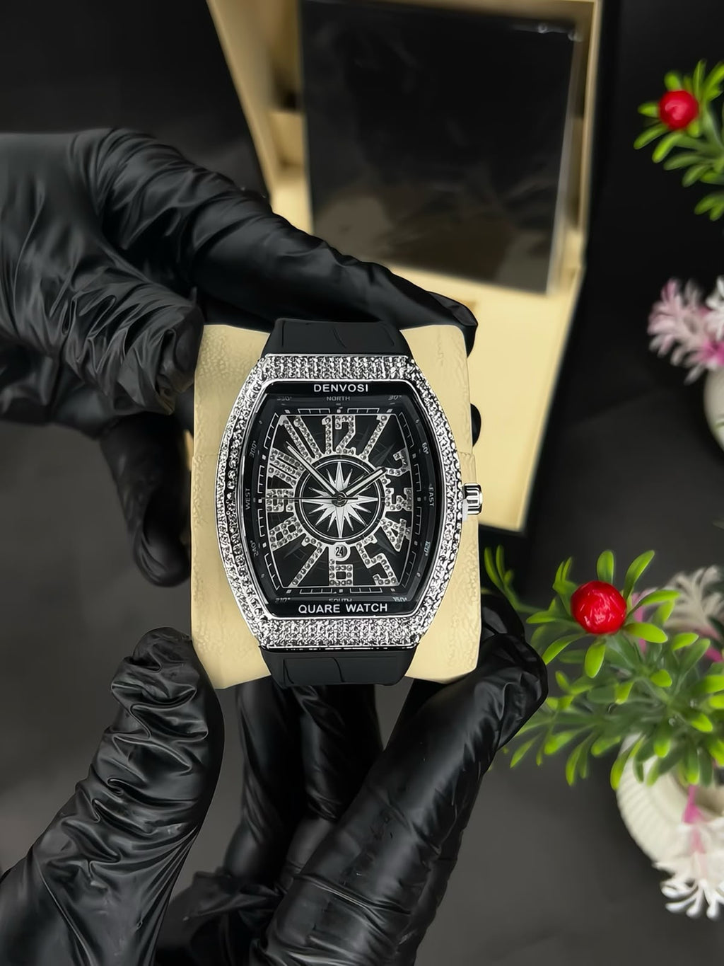 Denvosi Luxury Diamond Studded Strap Men’s Watch Elegant Durable Stylish Premium Choice For Parties Daily Wear And Special Occasions | Black