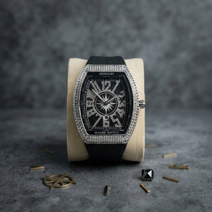 Denvosi Luxury Diamond Studded Strap Men’s Watch Elegant Durable Stylish Premium Choice For Parties Daily Wear And Special Occasions | Black