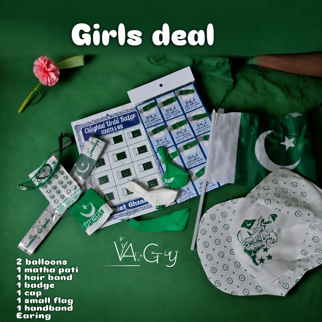 14 August Girls Independence Day Deal Pack – Pakistan Flag Accessories Combo (8 Items) - At Best Price